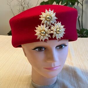 Elegant Red Wool Beret with Pearl Floral Embellishments